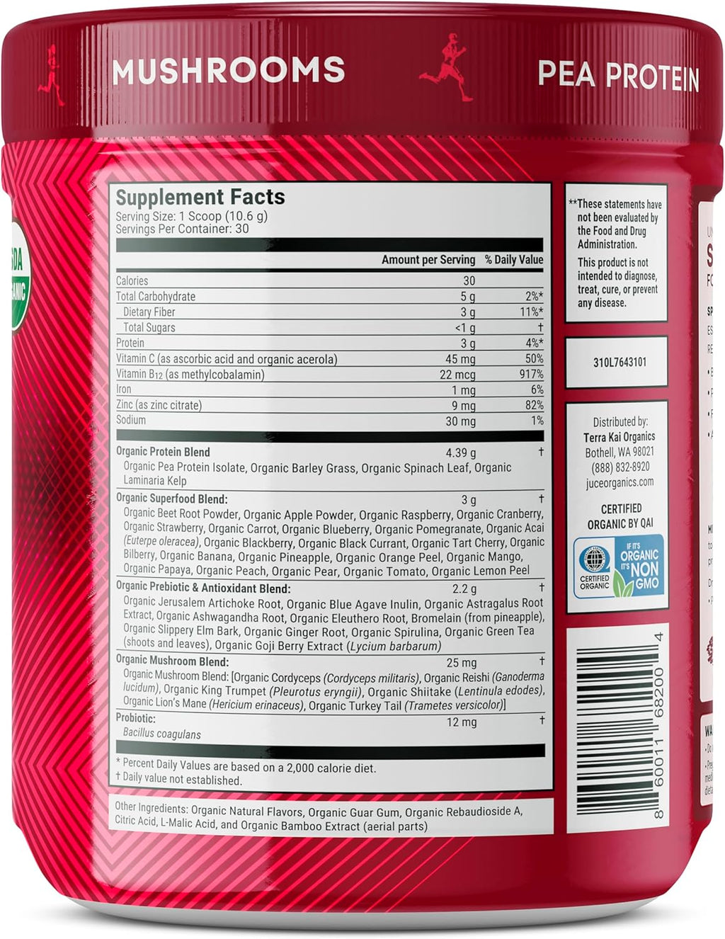 Terra Kai Organics Juce SR7 Sport Reds Organic Fruit & Veggies w/Pea Protein | 43 Superfoods, Antioxidants, Mushrooms, Beets, Herbal Adaptogens, Probiotic, Fiber, Garden Berry Flavor (30 Servings)