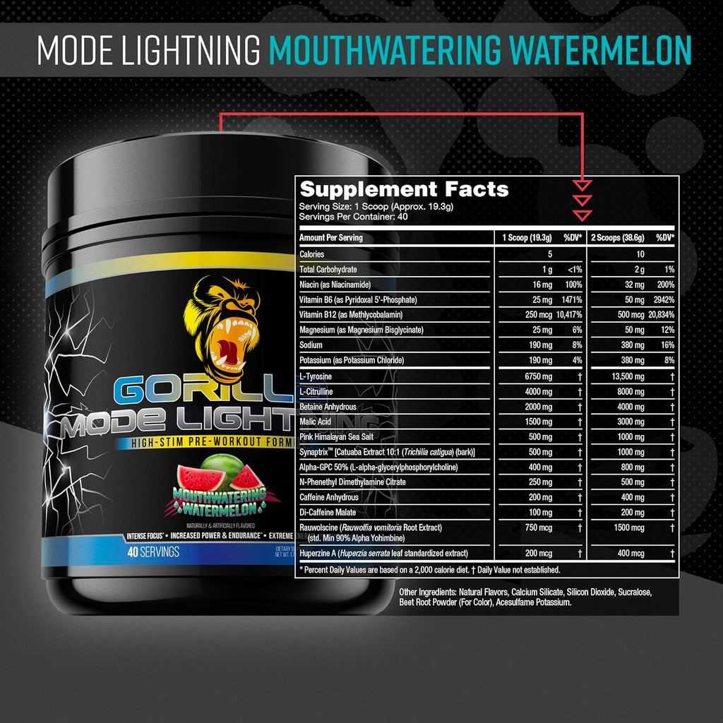 Gorilla Mode Lightning Pre-Workout - Extreme Energy · Laser Focus · Powerful Pumps · Peak Performance - 550mg Caffeine, 13500mg L-Tyrosine, Alpha-GPC– 772g (Mouthwatering Watermelon)