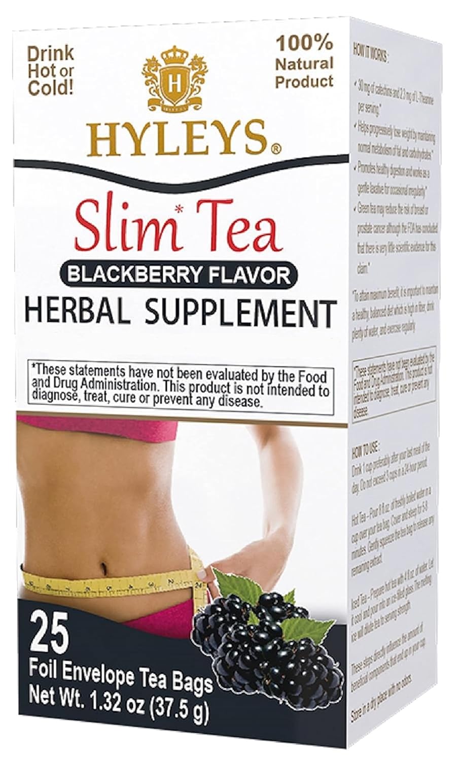 Hyleys Slim Tea Blackberry Flavor - Weight Loss Herbal Supplement Cleanse and Detox - 25 Tea Bags (12 Pack)