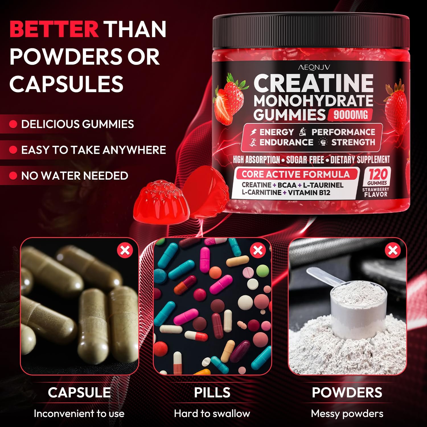 Creatine Gummies Monohydrate Complex 9000MG, Chewable Creatine Monohydrate Gummies for Men & Women with L-Taurine, BCAA 2:1, B12/6, Building Muscle Strength and Boost Focus, 30 Days Supply