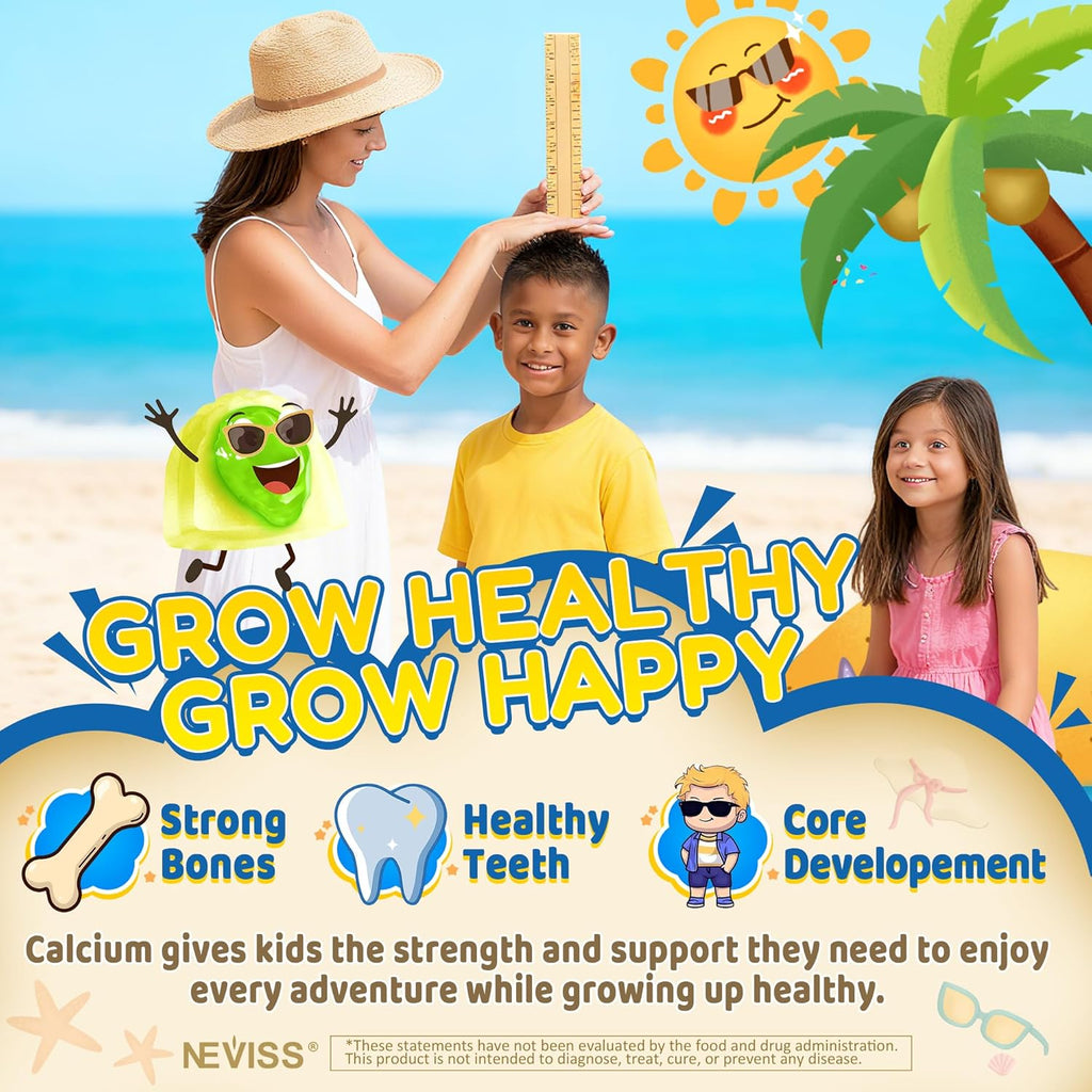 Kids Calcium Gummies (from Algae) + Vitamin D3 (1000iu/2000IU), K2, Magnesium, Phosphorus, Probiotic & Prebiotic, Vitamins for Kids & Teens for Bones & Teeth, Calcium Absorption, Sugar Free, 60 Counts