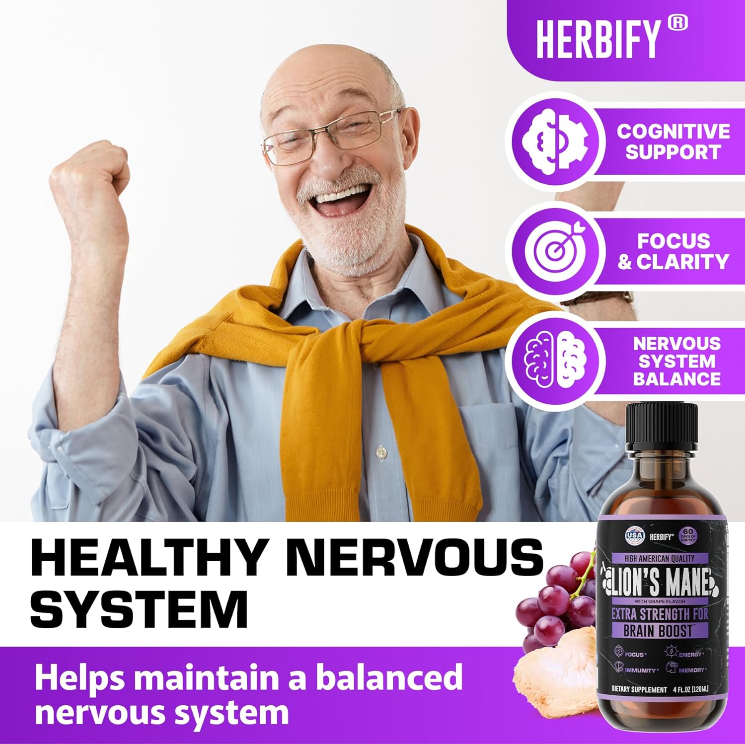 HERBIFY Lions Mane Supplement - Daily Mushroom Supplement for Memory, Focus & Clarity - Brain Booster - Lions Mane Tincture for Immune Support - 4 Fl oz Grape Flavor