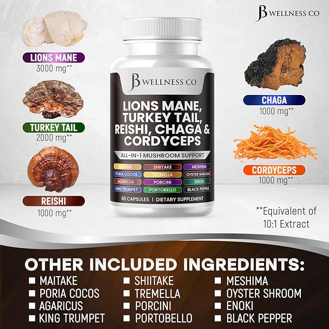 Lions Mane Supplement Cognitive Support, Immune Health with Turkey Tail 20in1 Mushroom Reishi Cordyceps Chaga with Marshmallow Root -180 Count