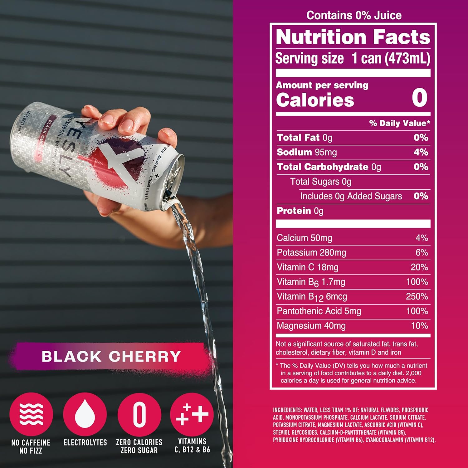 Yesly Functional Water, Black Cherry, Naturally Flavored Still Water with Electrolytes, Magnesium, Potassium, Vitamin C, B6 & B12, Zero Sugar, No Artificial Sweeteners, 16 Fl Oz Cans, 12 Pack