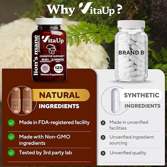 Lions Mane Supplement Capsules - USA Made 10 in 1 Mushroom Supplement - Mushroom Complex with Lions Mane, Cordyceps, Turkey Tail, Reishi, Shiitake for Cognitive & Immune Support - 120 Count