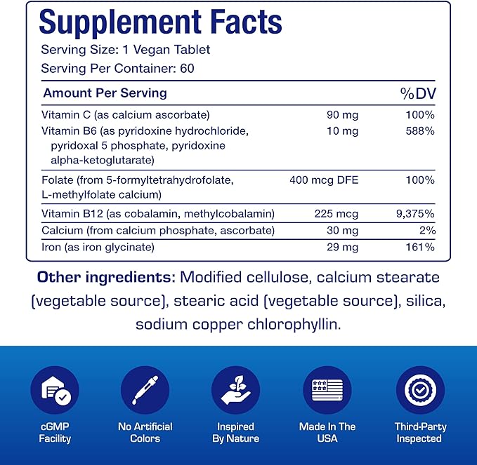 Slow Release Iron Supplement with Vitamin C - High Absorption Gentle Iron with Vitamin C for Women with Methyl B Complex for Maximum Benefits - Stomach Friendly Vegan & Made in The USA - 60 Servings