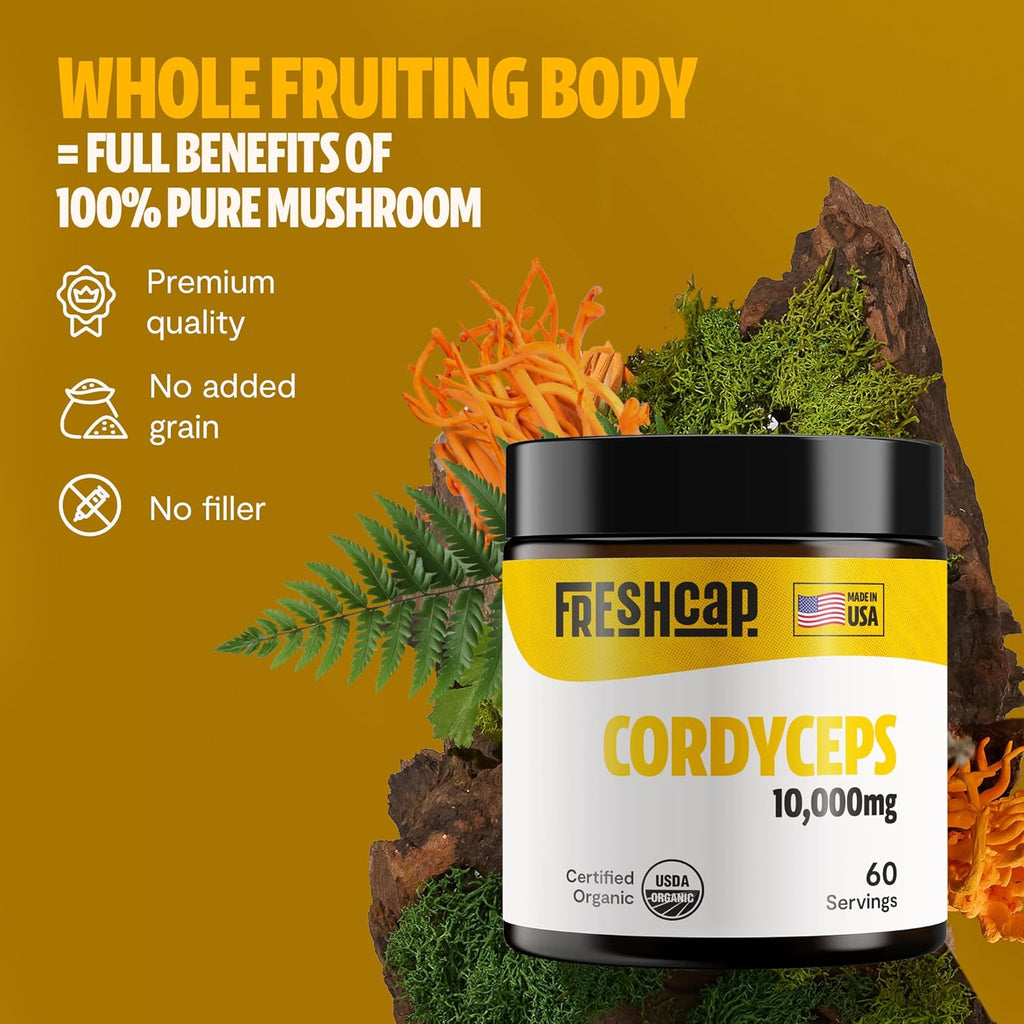 FreshCap Mushrooms Cordyceps Mushroom Powder 10,000mg - Mushroom Extract Immunity Supplement, Ayurveda Nootropic Mushroom Supplements (60 Servings)
