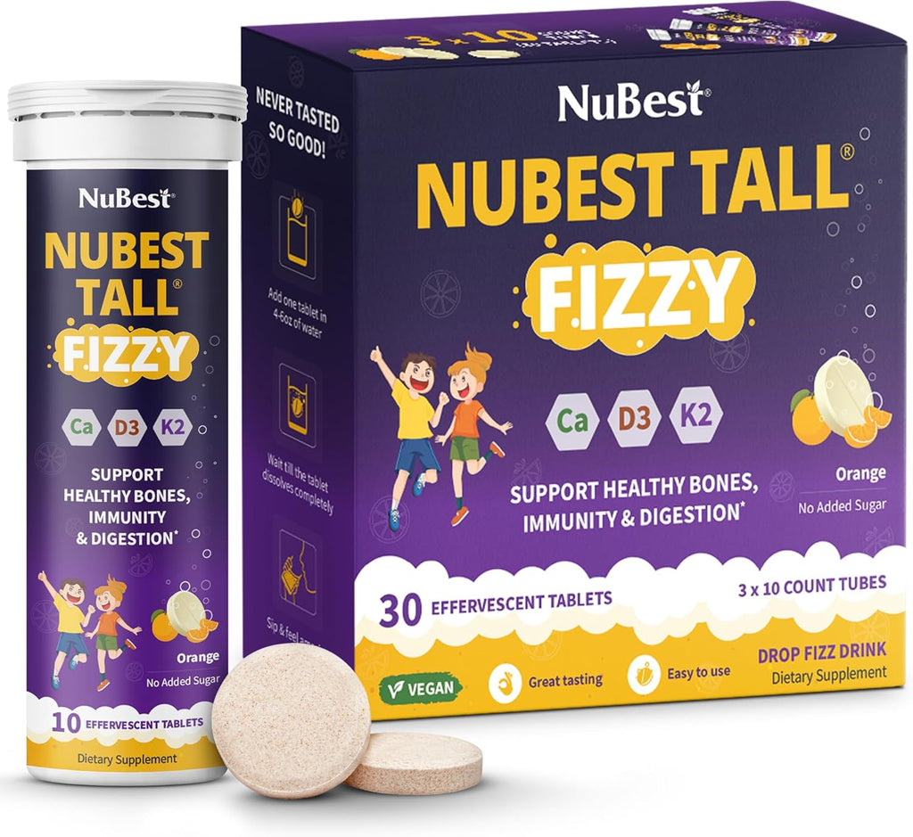 NuBest Tall Fizzy - Bone Strength, Immunity, Digestive Health for Kids & Teens | Probiotic, Calcium, Magnesium from Red Marine Algae, Vitamin D3, K2 & Zinc | 30 Orange Effervescent Tablets - Ages 4+