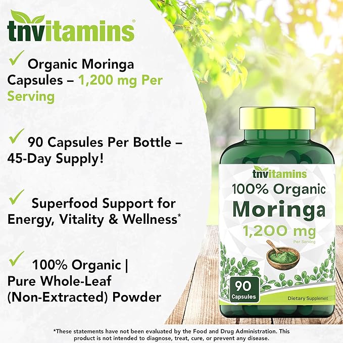 tnvitamins Organic Moringa Powder Capsules: 1,200 mg per Serving, 90 Count | Superfood Supplement for Energy & Vitality* | Organic Moringa Leaf – Non-GMO, Gluten-Free, Made in The USA