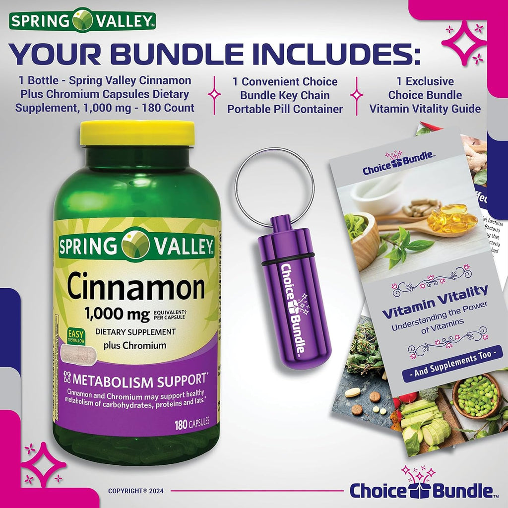 Choice Bundle Spring Valley Cinnamon Plus Chromium Capsules 1000 mg 180 Ct and Vitamin Vitality & Pill Container (3 Items)!
