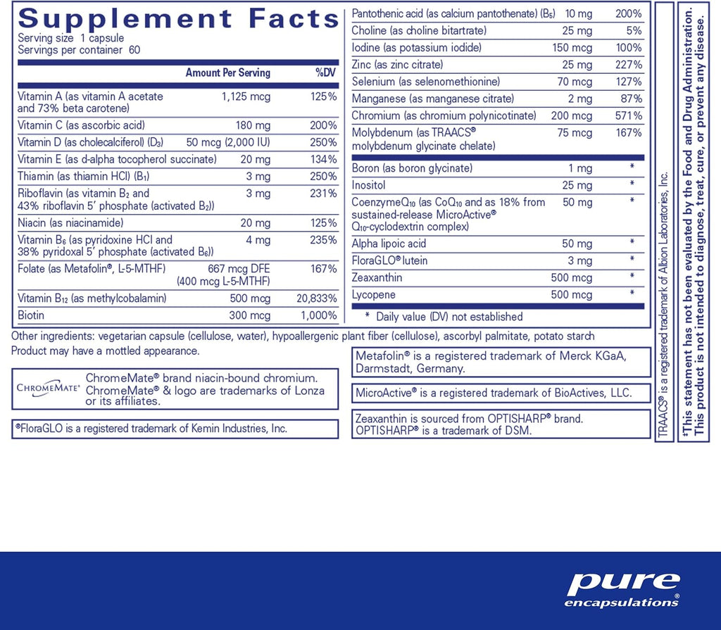 Pure Encapsulations O.N.E. Multivitamin - Once Daily Multivitamin with Antioxidant Complex Metafolin, CoQ10, and Lutein to Support Vision, Cognitive Function, and Cellular Health* - 60 Capsules