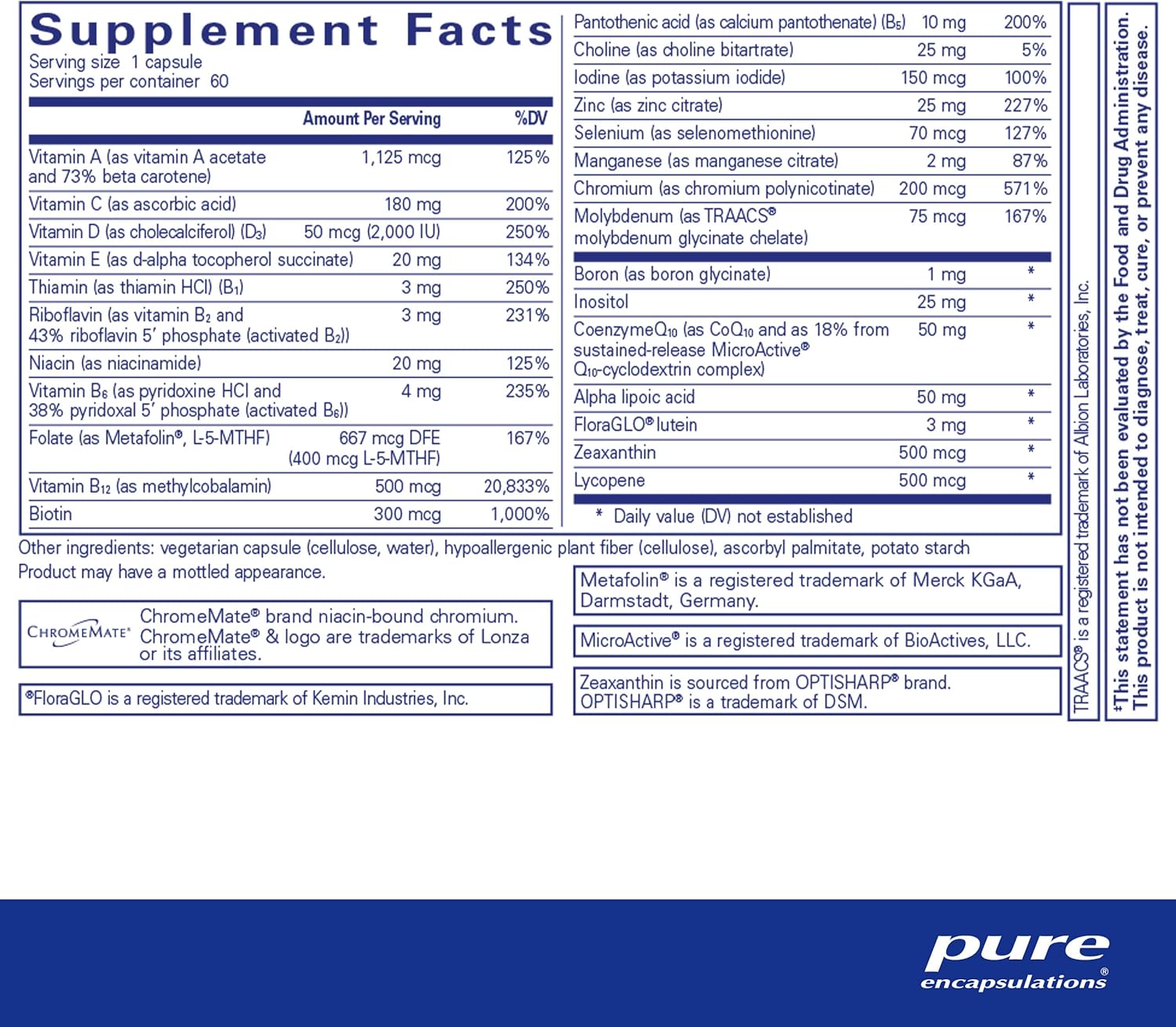 Pure Encapsulations O.N.E. Multivitamin - Once Daily Multivitamin with Antioxidant Complex Metafolin, CoQ10, and Lutein to Support Vision, Cognitive Function, and Cellular Health* - 60 Capsules