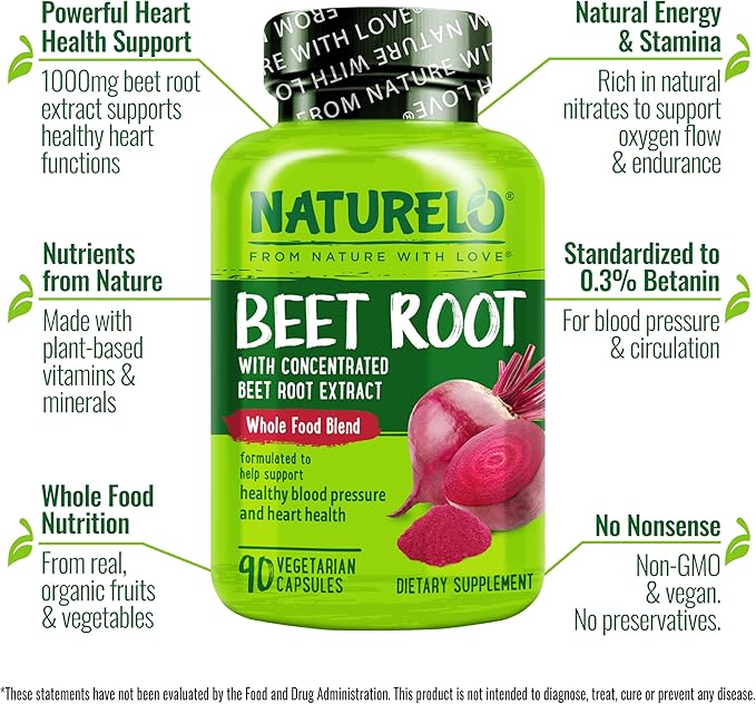NATURELO Beet Root 90 Capsules – Heart Health & Blood Pressure Support* – 1000mg Beet Root Extract + Whole Food Blend – Non-GMO, Vegan, Gluten-Free