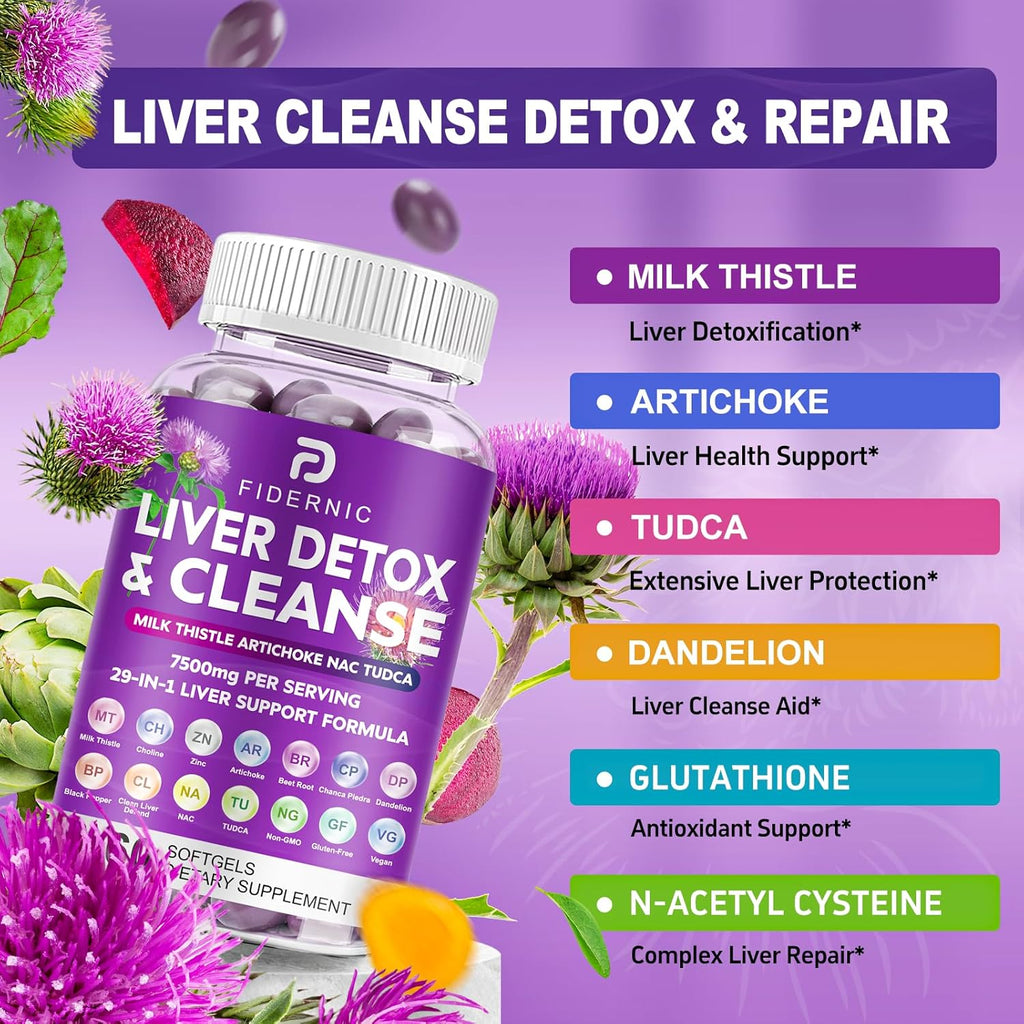 Liver Cleanse Detox & Repair - Herbal Liver Support Milk Thistle Supplement, 7500mg Strength Liver Health Support with Silymarin Artichoke Extract Dandelion Beet TUDCA Choline NAC, 60 Vegan Softgels