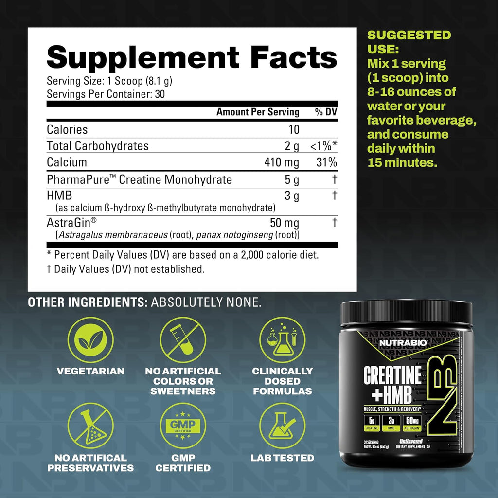 NutraBio Creatine + HMB- Creatine Monohydrate with HMB Powder for Muscle Growth, Increased Strength- 30 Servings (Unflavored)
