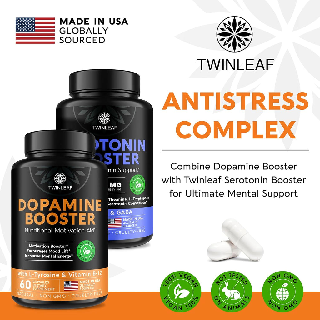 TWINLEAF Dopamine Brain Support Supplement, 1000 mg Blend - Made in USA - with Vitamin B12 and L-Tyrosine - Enhance Mental Well-Being - 60 Capsules