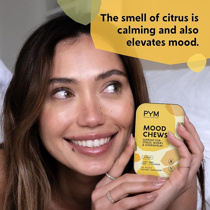 PYM Citrus Mood Chews Support for Stress, Worry & Overwhelm, 120 Count | 130mg GABA, 90mg L-Theanine | Vegan, Non-GMO, Gluten-Free, No Added Sugar | All-Natural Mood Balance Supplement Made in USA