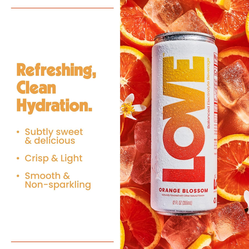Be LOVE Balanced Electrolyte Beverage with Magnesium, Potassium & Sodium - Purified Still Beverage for Daily Hydration, Exercise, Work & Wellness- Zero Sugar, Gluten Free (Orange Blossom, 12oz x 12ct)