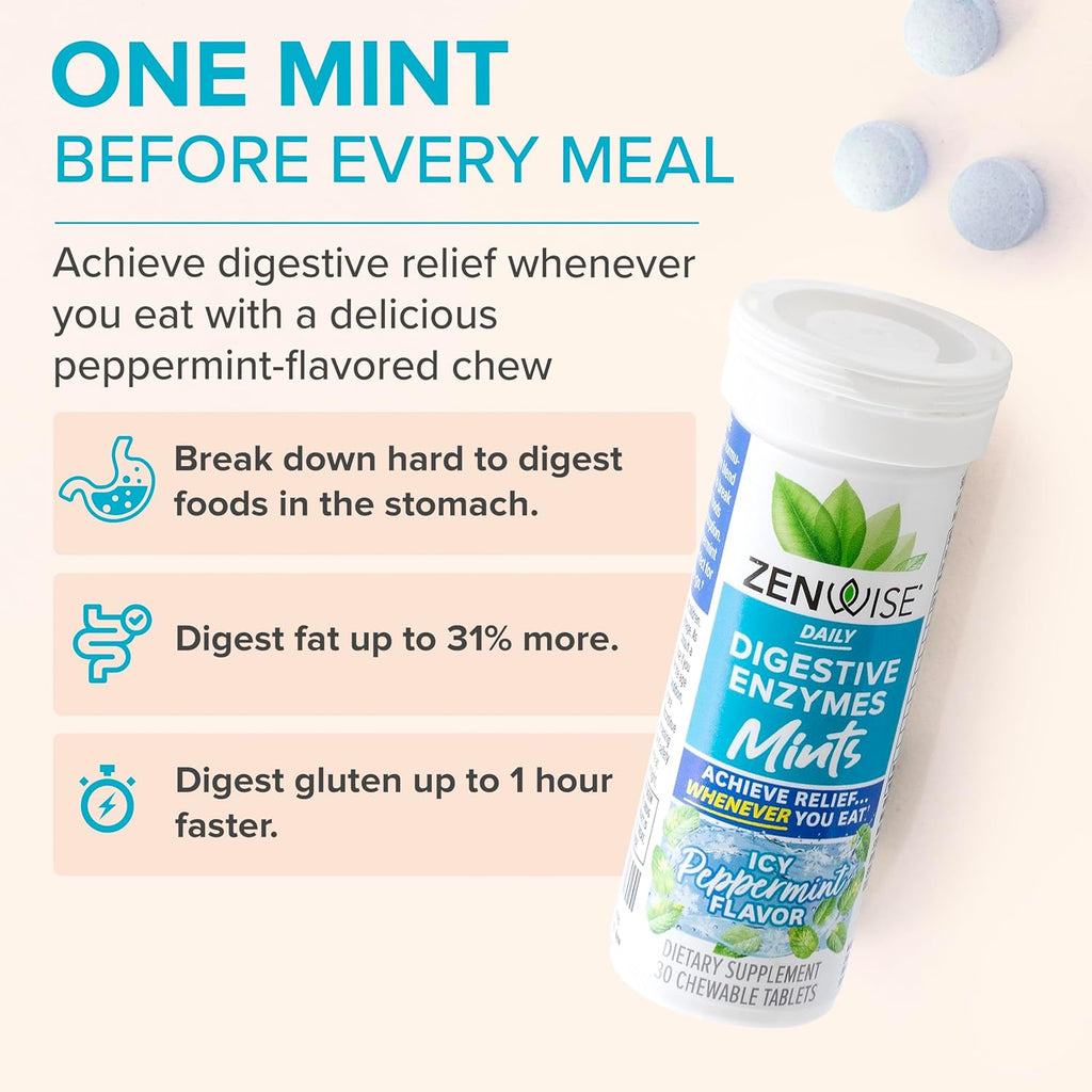 Zenwise Health Digestive Enzyme Breath Mints for Gut Health, ICY Peppermint Flavor - Digestive Enzymes for Bloating Relief & Gut Support - Multi Enzymes Digestion Supplement - 30 Chewable Tablet