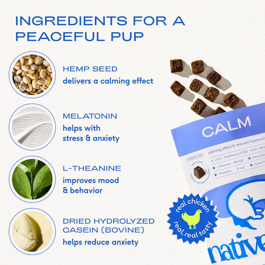 Native Pet Calming Chews for Dogs - Melatonin for Dogs Anxiety Relief - Grain Free All Natural Hemp Calming Treats & L-Theanine Helps Manage Stress & Separation Anxiety - Puppy Sleep Aid - 90 Chews