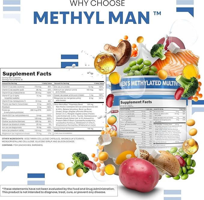 Methylated Multivitamin for Men with Vitamin B12 B6 Choline Magnesium Selenium CoQ10 Iodine Manganese Iron Boron Copper Thiamin Riboflavin Biotin Probiotics Omega 3 | Vegetarian Capsules Mens Vitamins