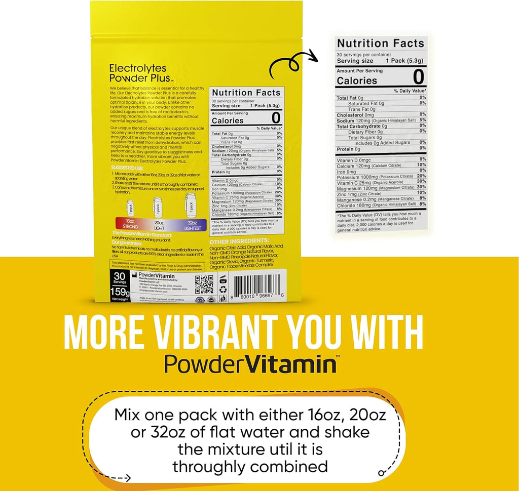 PowderVitamin Electrolytes Powder Plus, Keto, Orange Pineapple, Sugar Free, 1000mg Potassium, 120mg Calcium, 120mg Magnesium, Non-GMO, Zero Calories, 30 Hydration Packets