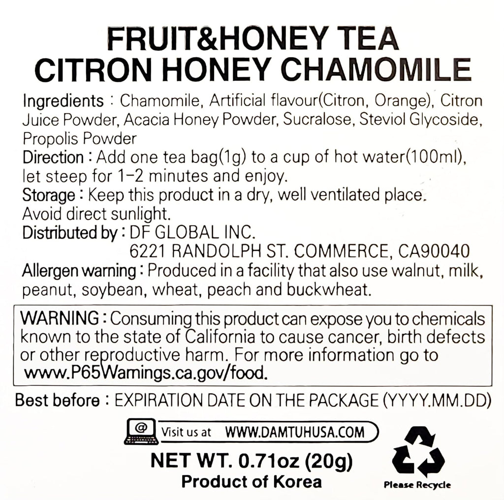 Damtuh Yuzu Honey Chamomile Tea – Citrusy & Floral Herbal Tea Blend, 20 Tea Bags (1g each)