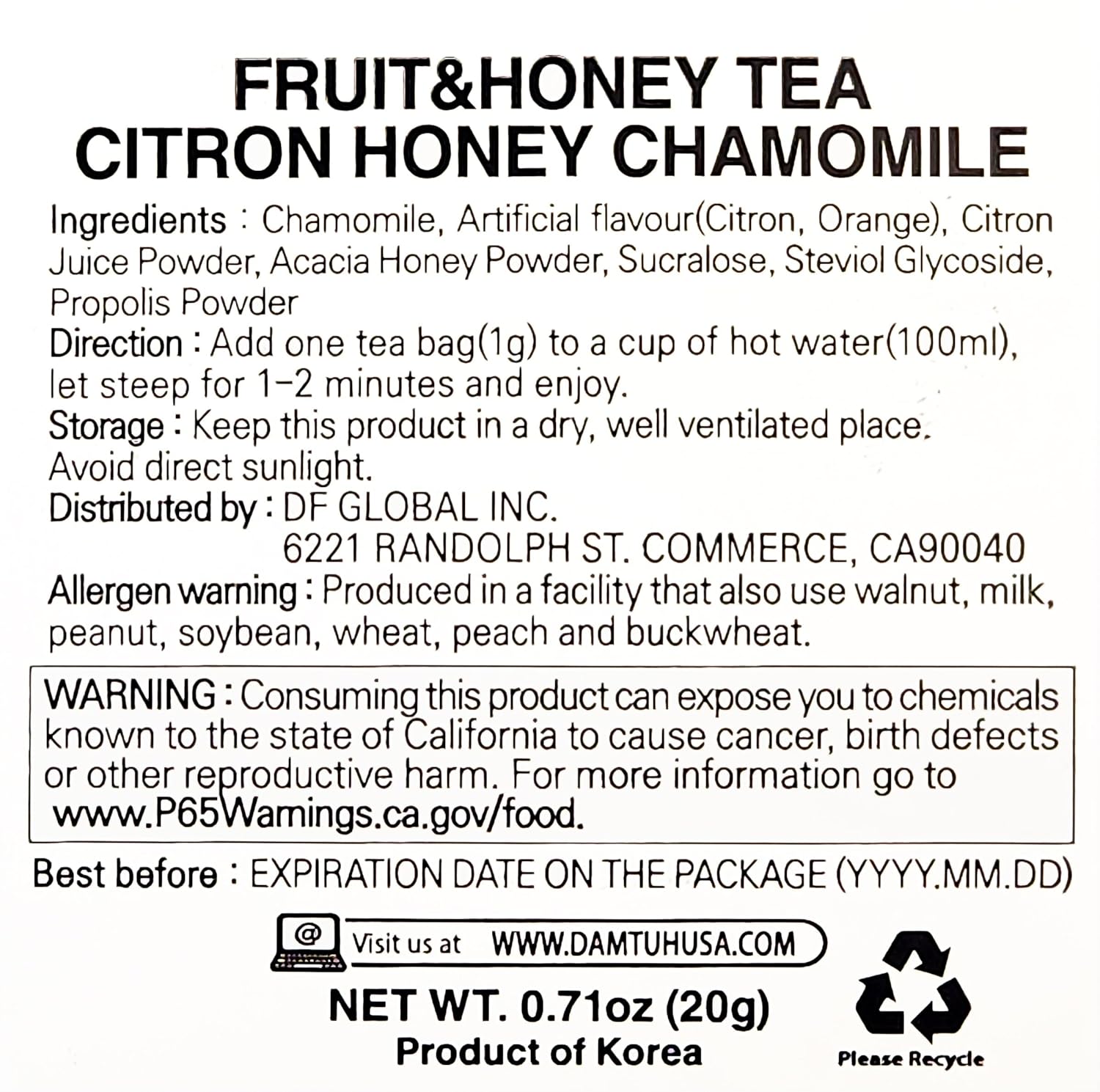 Damtuh Yuzu Honey Chamomile Tea – Citrusy & Floral Herbal Tea Blend, 20 Tea Bags (1g each)