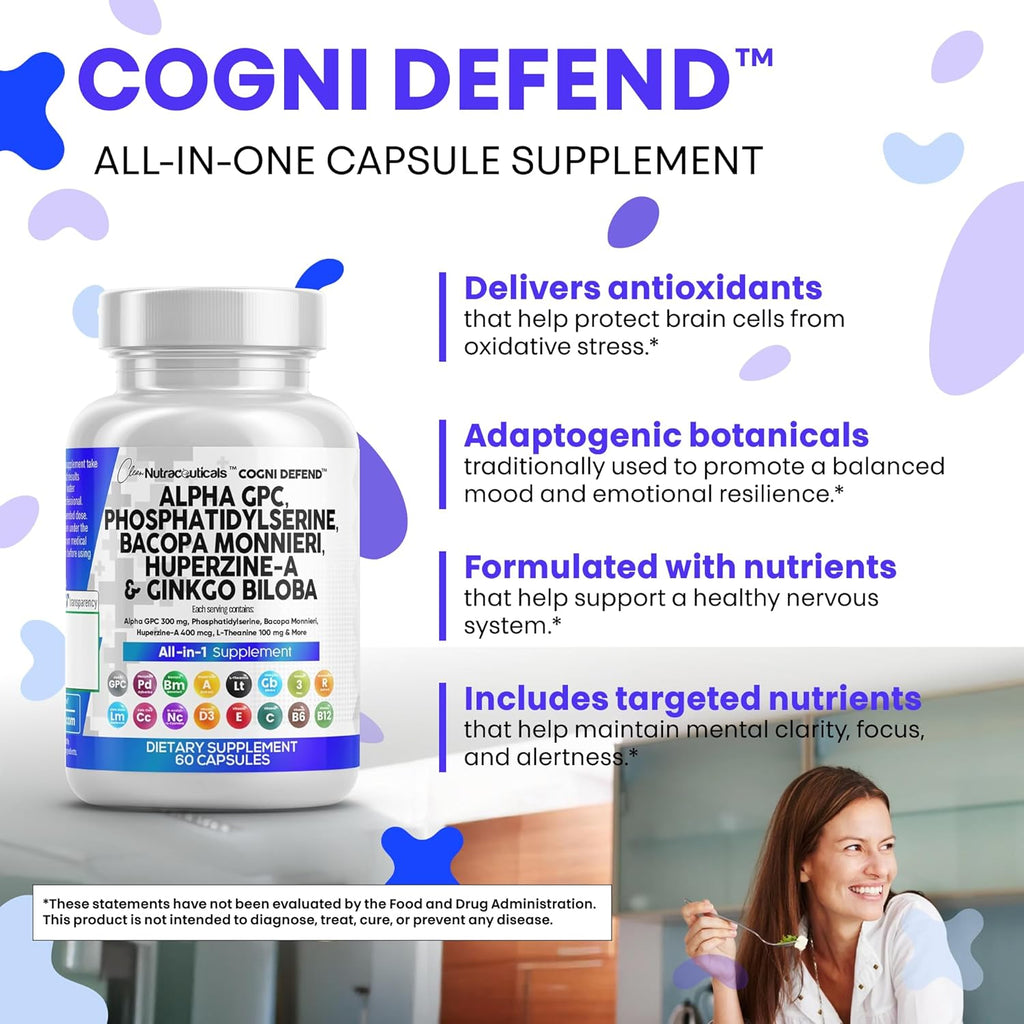 Clean Nutraceuticals Alpha GPC Choline Phosphatidylserine Bacopa Monnieri Ginkgo Biloba Huperzine A Supplement with Urdine Lions Mane Cats Claw NAC Vitamin C B D E