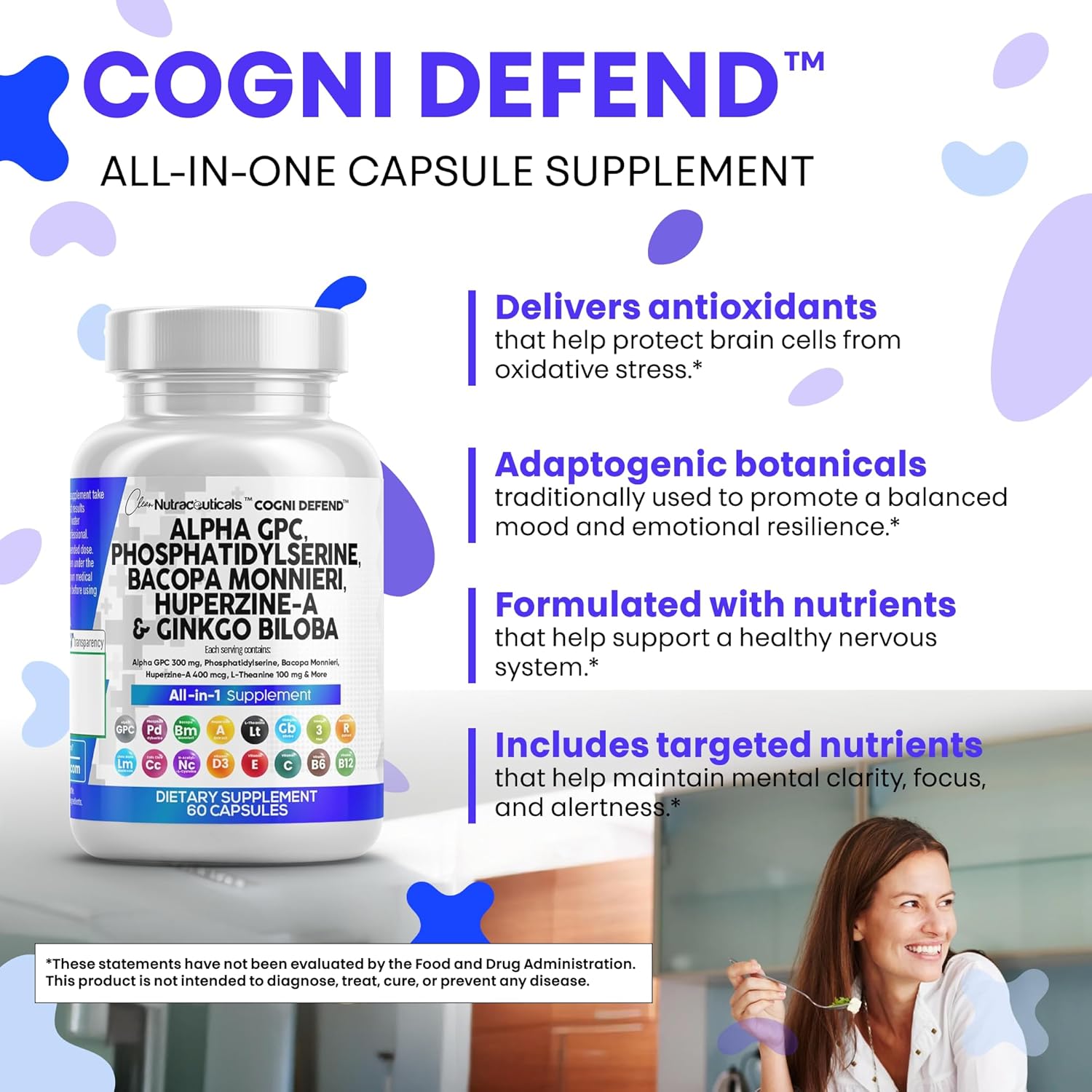 Clean Nutraceuticals Alpha GPC Choline Phosphatidylserine Bacopa Monnieri Ginkgo Biloba Huperzine A Supplement with Urdine Lions Mane Cats Claw NAC Vitamin C B D E