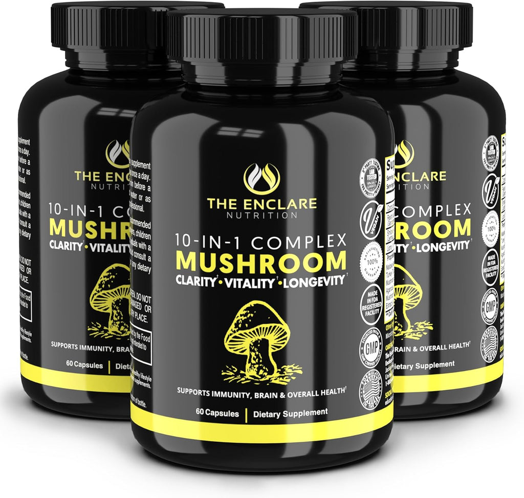 THE ENCLARE NUTRITION Mushroom Supplement - 10in1 Complex Immune Support, Energy, Nootropic Brain, Immunity Booster Lions Mane,Reishi,Turkey Tail,Cordyceps,Chaga,Maitake,Shiitake,Agaricus(3)