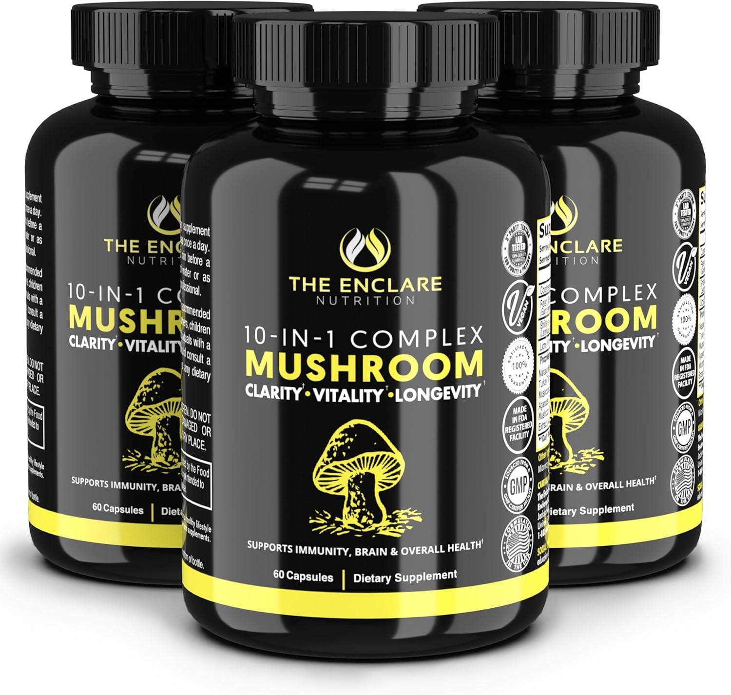 THE ENCLARE NUTRITION Mushroom Supplement - 10in1 Complex Immune Support, Energy, Nootropic Brain, Immunity Booster Lions Mane,Reishi,Turkey Tail,Cordyceps,Chaga,Maitake,Shiitake,Agaricus(3)