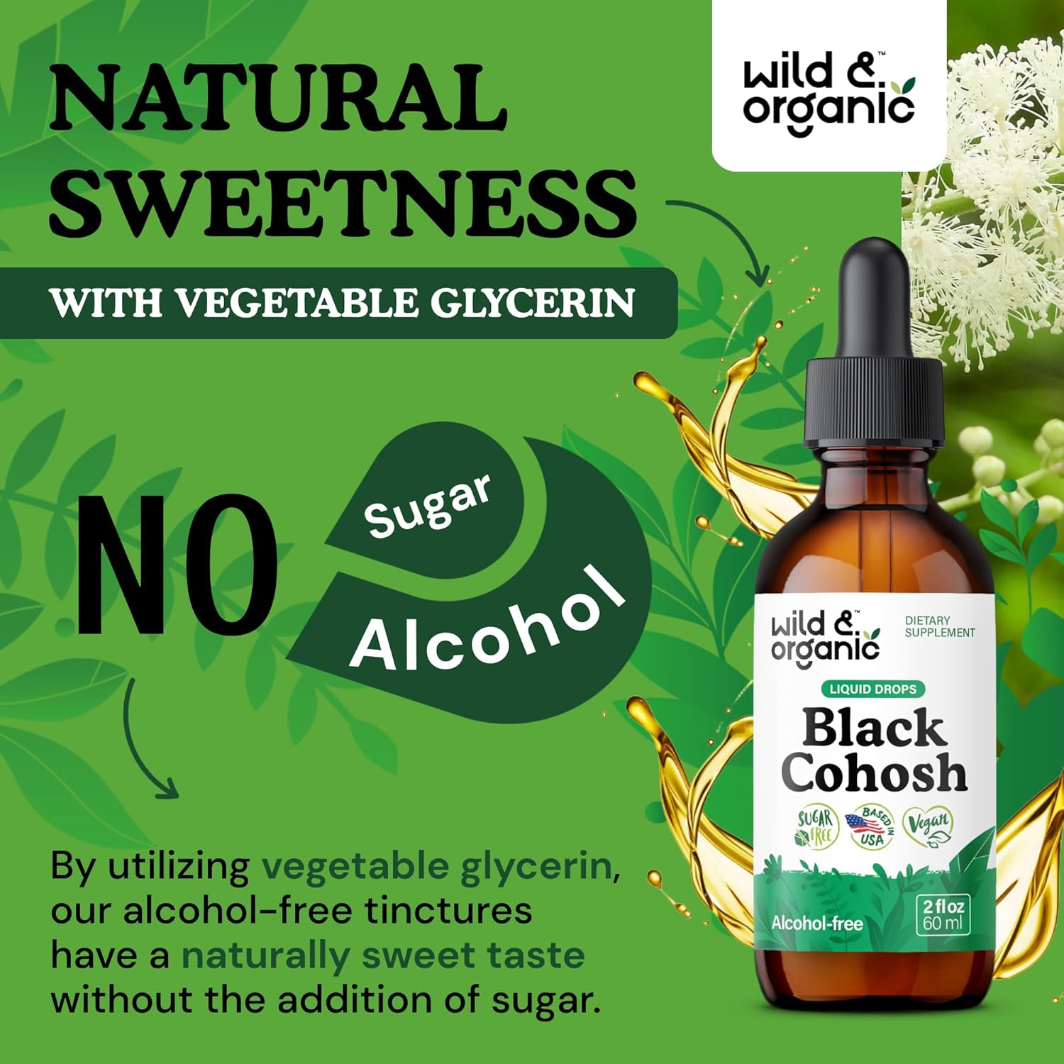 Wild & Organic Black Cohosh Liquid Drops 540 mg - Herbal Supplements for Women - Liquid Black Cohosh Extract Tincture - 2-Month Supply - Vegan, Sugar & Alcohol-Free - 2 fl oz