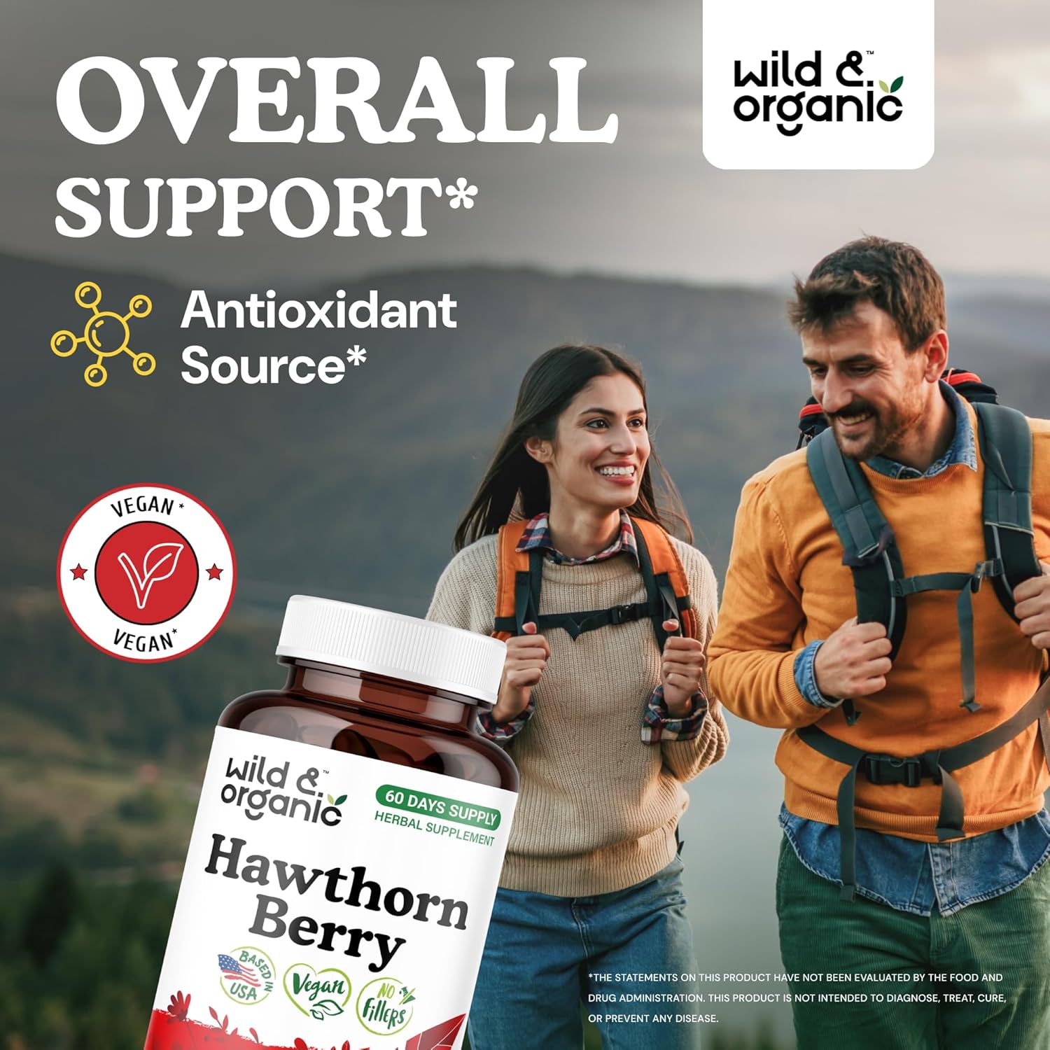 Wild & Organic Hawthorn Berry Capsules 1200 mg - Overall Support - Hawthorn Berry Powder Supplement - Crataegus Monogyna Fruit - 60 Days of Supply - Vegan, No Fillers, Non-GMO - 120 Count