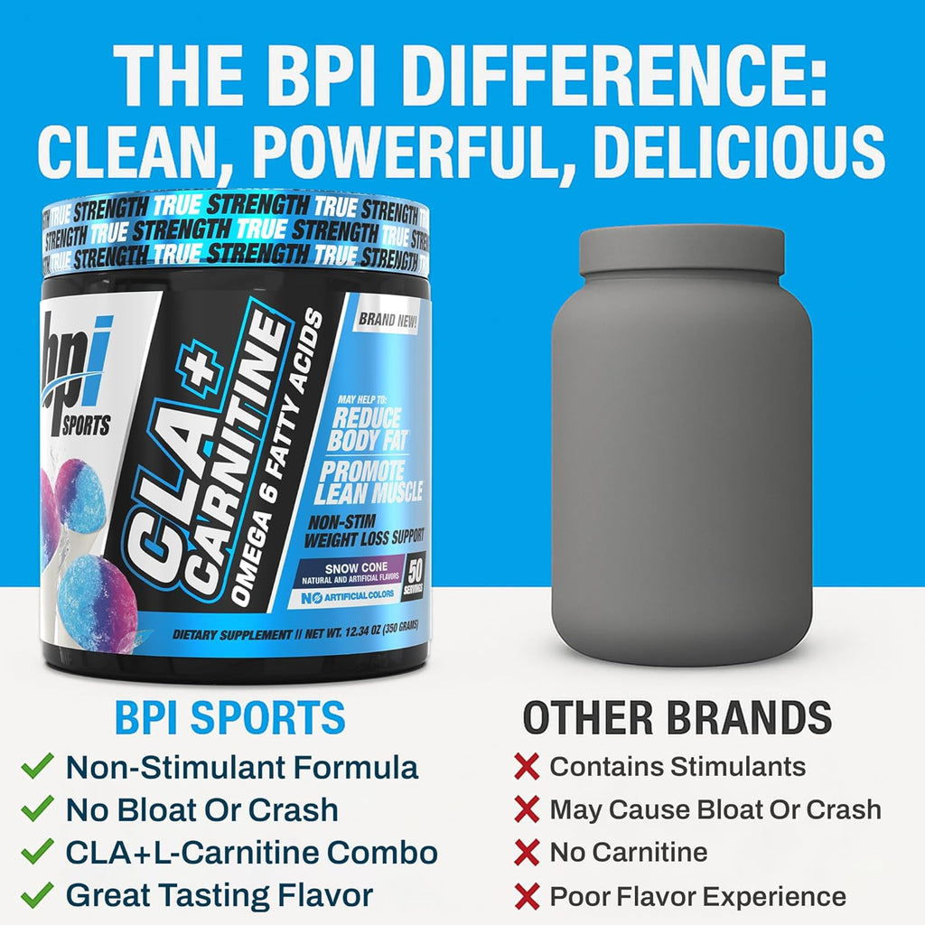 BPI Sports CLA+Carnitine – CLA L Carnitine & Linoleic Acid – L Carnitine Supplement for Weight Loss, Metabolism & Lean Muscle – Caffeine Free – Snow Cone – 50 Servings – 12.34 oz