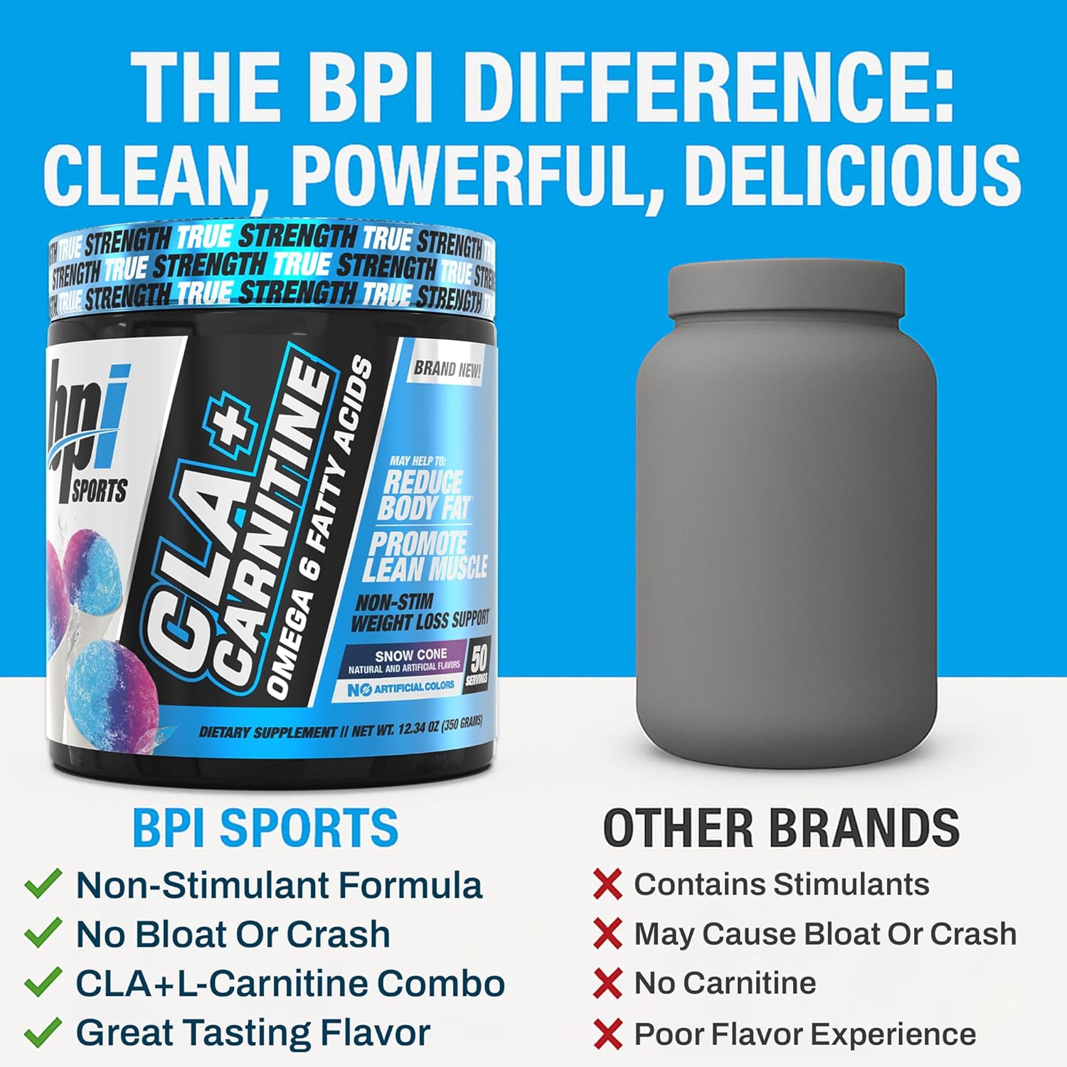 BPI Sports CLA+Carnitine – CLA L Carnitine & Linoleic Acid – L Carnitine Supplement for Weight Loss, Metabolism & Lean Muscle – Caffeine Free – Snow Cone – 50 Servings – 12.34 oz