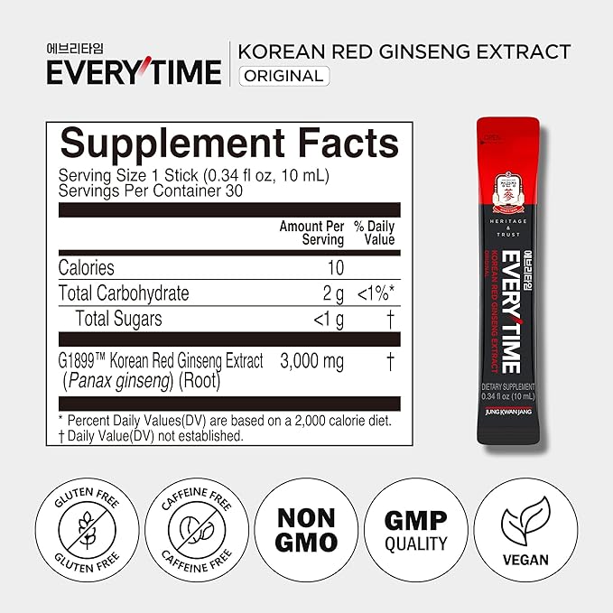 JUNG KWAN JANG Korean Red Ginseng Extract Everytime 3000mg | Sugar Free Energy Supplement, Ginseng Tea, Ginseng Supplement, Korean Food | Energy Boost, Stamina | 10 Count