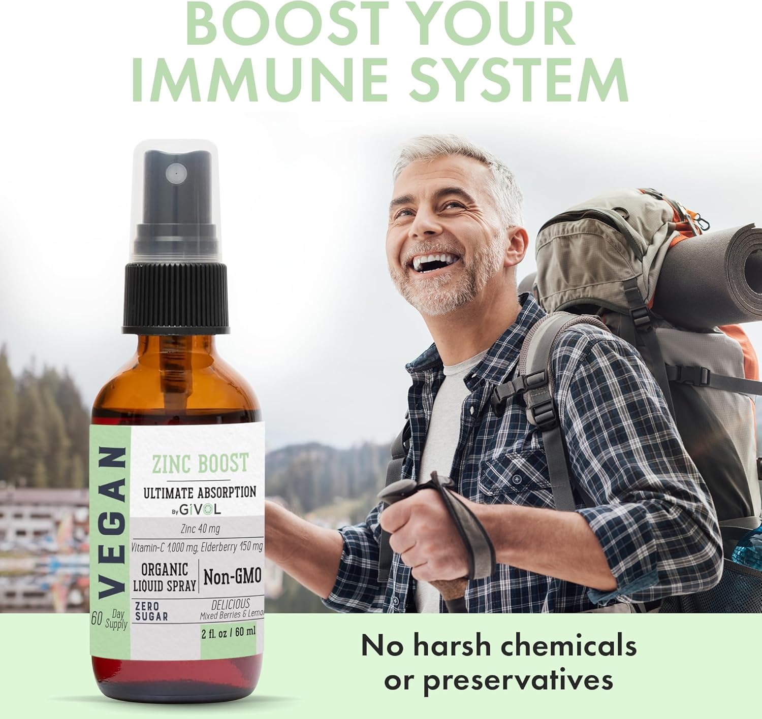 Organic ZINC Boost Mist 40 mg (Extra Strength) - Sugar Free with Vit C and Elderberry Extract - Vegan Liquid Spray for Kids and Adults - Easy Absorption - Non-GMO - (60 ml) 60 Days Supply