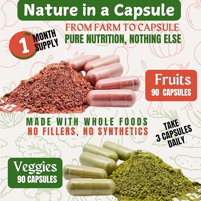 Fruit and Veggies Supplement Vitamins for Men and Women - Super Fruits and Veggies Capsules to Support Balanced Nutrition and Energy Levels - Whole Natural Super Foods 90 Count (Pack of 2)