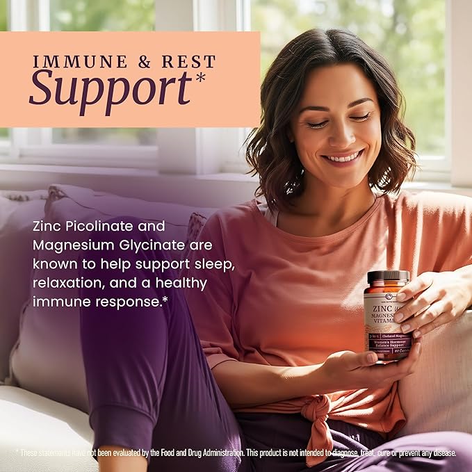 Zinc and Magnesium Supplement with Vitamin B6 | Women’s Hormone Balance, Menstrual Cycle & Immune Support | High Absorption Chelated Magnesium Glycinate with Zinc Picolinate and VIT B6 | 60 Ct