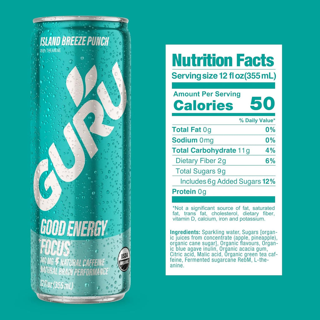 GURU Island Breeze Punch Organic Energy Drinks, Clean Energy Drink with Plant Based Natural Caffeine from Green Tea + Focus with L Theanine, Gluten Free and Vegan, 140MG Caffeine, 12oz (Pack of 24)