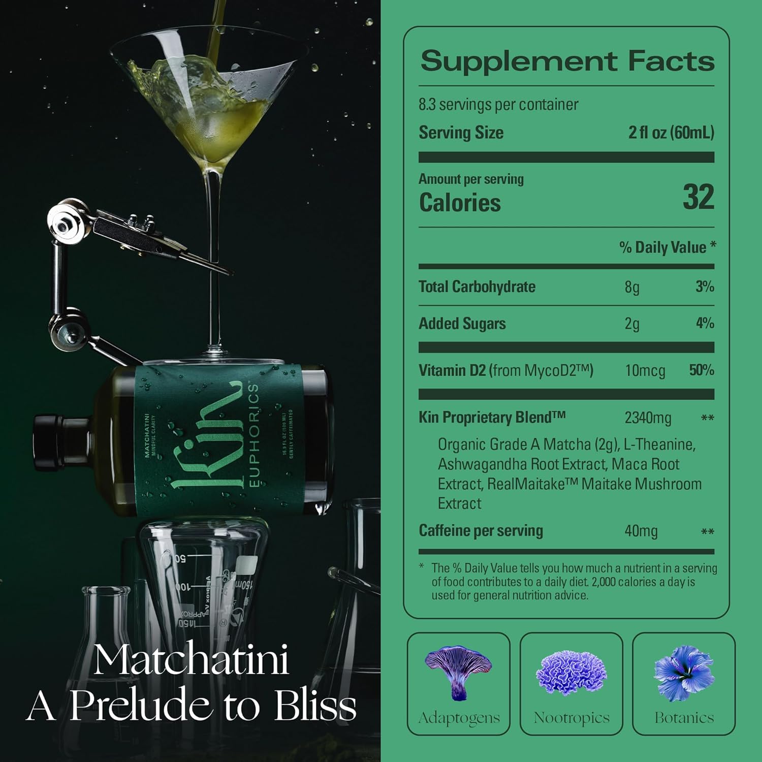 Kin Euphorics Matchatini | Non-Alcoholic Matcha Cocktail | Adaptogens, Nootropics, Botanicals | Vanilla, Maple, Tart Finish | Elevate Mood & Calm Mind | 16.9 fl oz