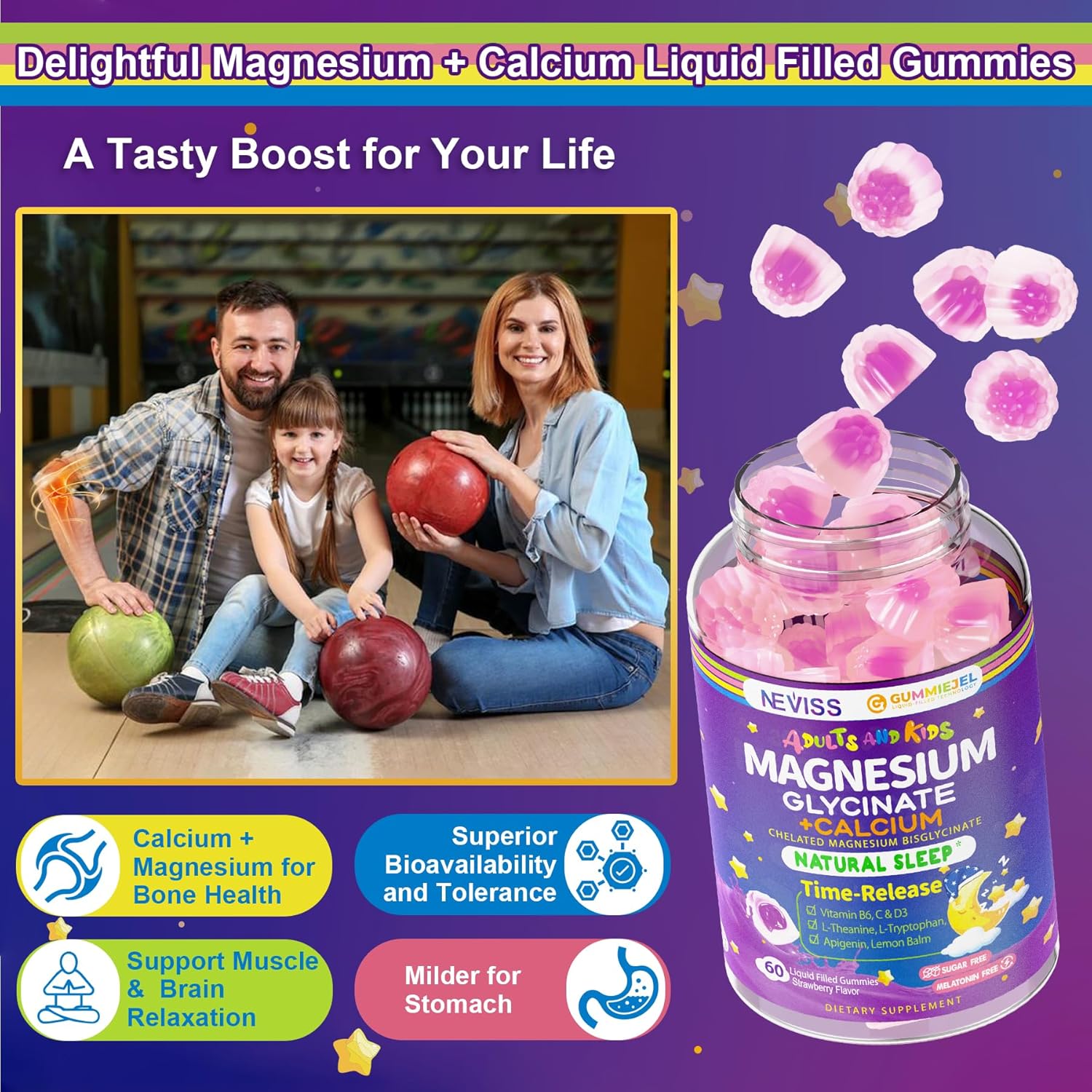 Neviss Magnesium Glycinate + Calcium Filled Gummies for Adults and Kids 4+, Kids Sleep Gummies Melatonin Free, No Sugar Magnesium Supplement w/B6 D3, L-Theanine for Zzz Relax, Brain,Bone,Muscle 2Pack