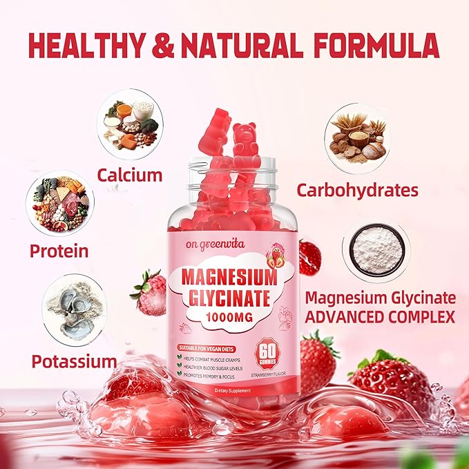 Magnesium Glycinate Gummies 1000mg - Sugar Free Magnesium Potassium Supplement with Vitamin D, B6, CoQ10 for Calm Mood & Sleep Support - 120 Strawberry Gummies 2 Pack