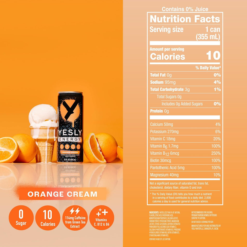 Yesly Energy - All Natural Clean Energy Drink - Zero Sugar Functional Energy – 114mg of Green Tea Extracted Caffeine Per Serving - Variety Pack, 12 Fl Oz (Pack of 12) (12 Fl Oz (Pack of 12), Orange Cream)