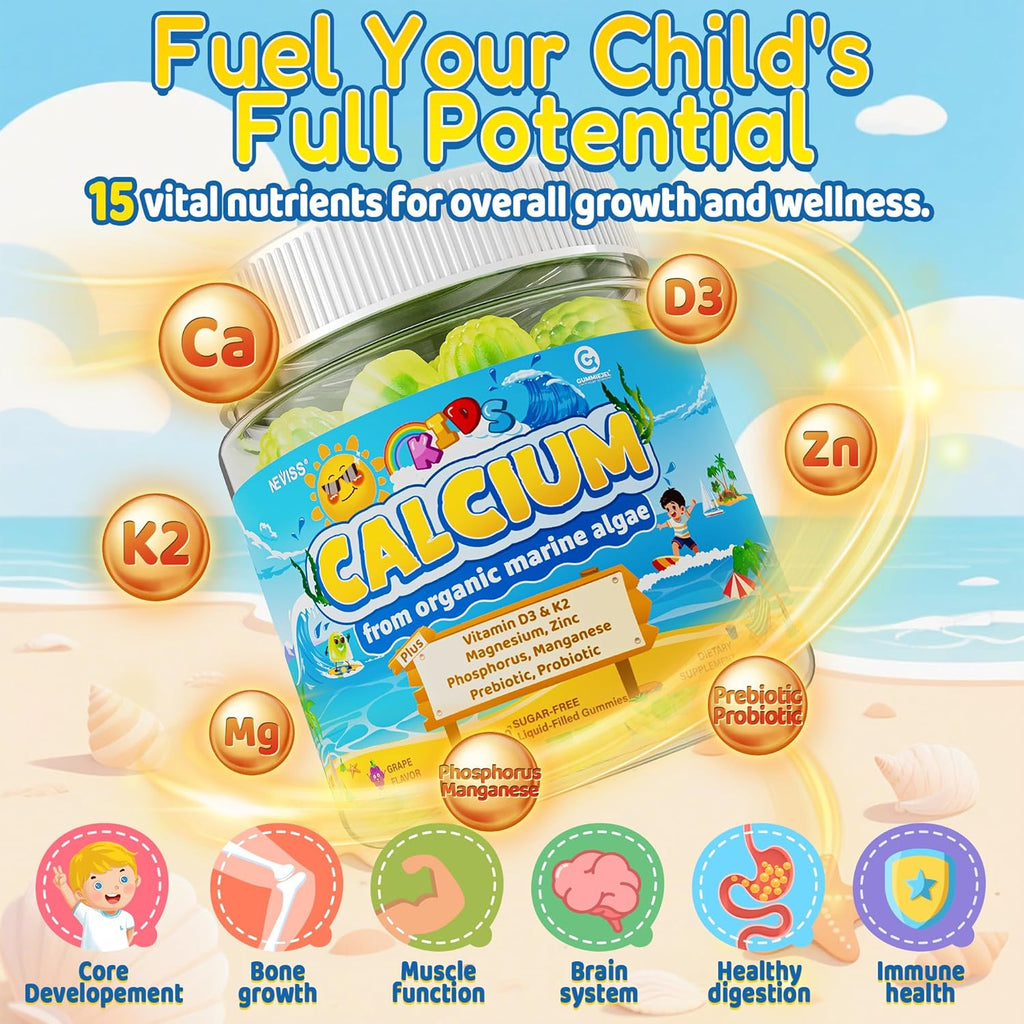 Kids Calcium Gummies (from Algae) + Vitamin D3 (1000iu/2000IU), K2, Magnesium, Phosphorus, Probiotic & Prebiotic, Vitamins for Kids & Teens for Bones & Teeth, Calcium Absorption, Sugar Free, 60 Counts