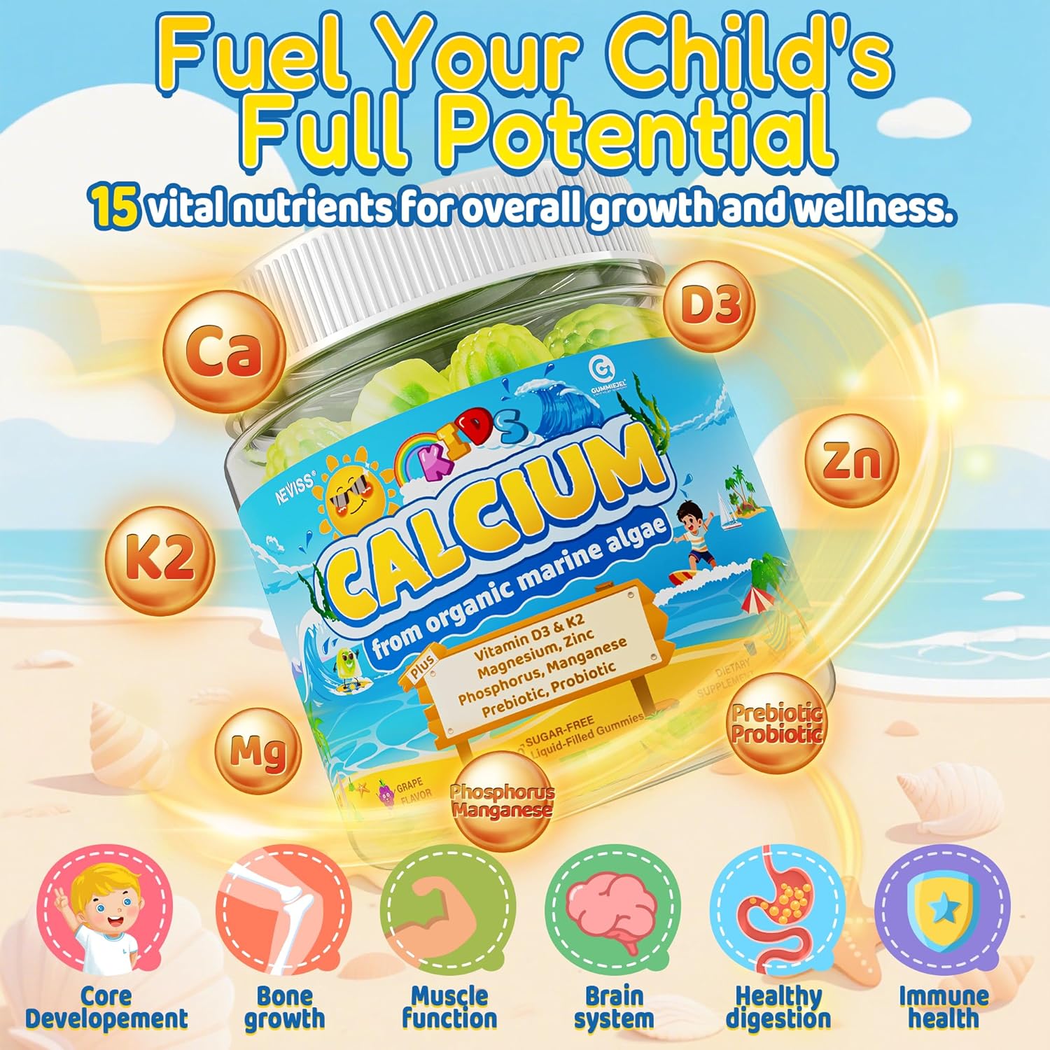 Kids Calcium Gummies (from Algae) + Vitamin D3 (1000iu/2000IU), K2, Magnesium, Phosphorus, Probiotic & Prebiotic, Vitamins for Kids & Teens for Bones & Teeth, Calcium Absorption, Sugar Free, 60 Counts