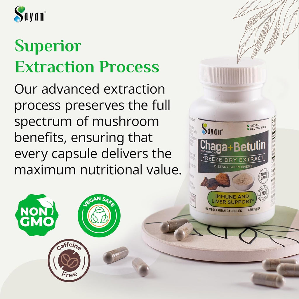 Sayan Siberian Chaga Mushroom Extract with Betulin – 90 Capsules/440mg ea – Wild-Harvested Antioxidant Blend – Immune System Support & Regulate Body Functions – Vegan, Non-GMO, No Fillers or Additives