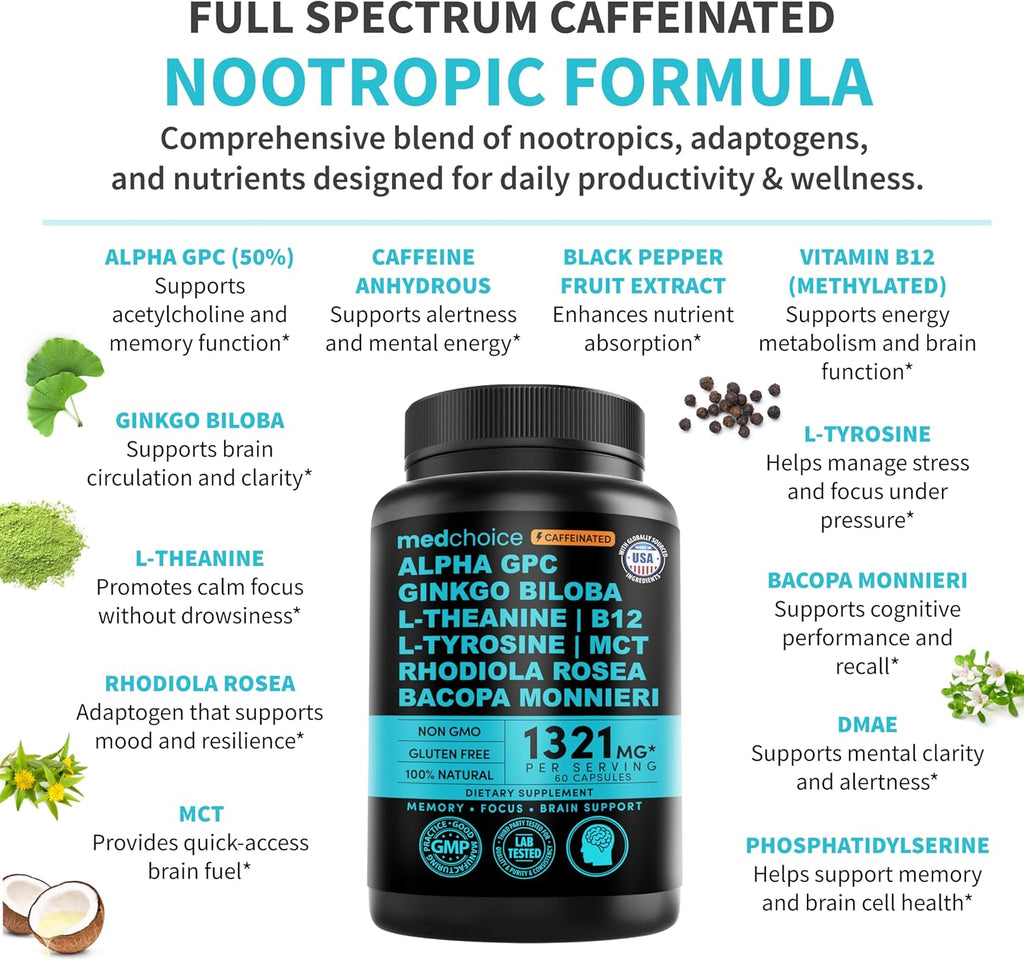 12-in-1 Nootropic Brain Supplement with Caffeine Anhydrous - Ginkgo Biloba for Brain Support, Memory, Focus - B12, Alpha GPC, L Theanine, Choline Supplements with Bioperine, 1321mg, (60ct, Pack of 2)