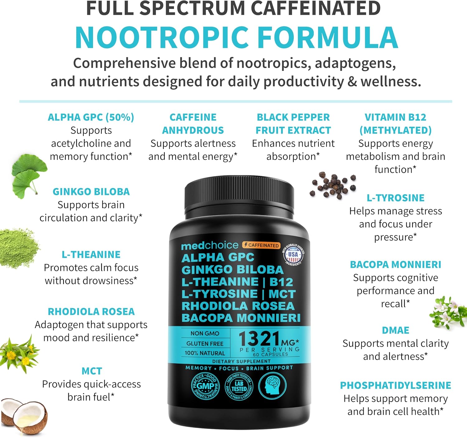 12-in-1 Nootropic Brain Supplement with Caffeine Anhydrous - Ginkgo Biloba for Brain Support, Memory, Focus - B12, Alpha GPC, L Theanine, Choline Supplements with Bioperine, 1321mg, (60ct, Pack of 2)